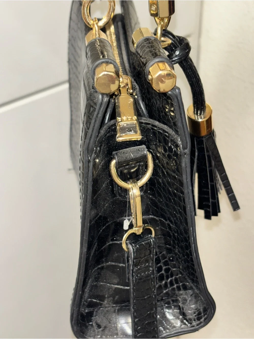 bebe Black Croc-Embossed Satchel with Gold Accents